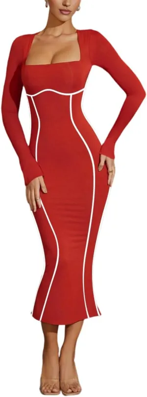Lrady Women's Square Neck Dresses Long Sleeve Contrast Binding Split Bodycon Mermaid Evening Cocktail Party Dress