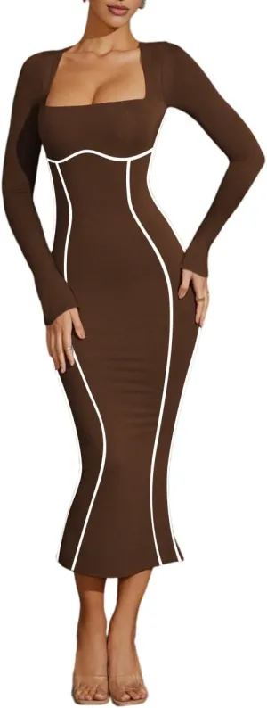 Lrady Women's Square Neck Dresses Long Sleeve Contrast Binding Split Bodycon Mermaid Evening Cocktail Party Dress