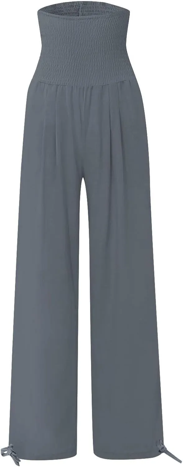 LRMQS Linen Wide Leg Pants Women Summer Casual Drawstring Elastic High Waist Trousers Resort Wear Beach Trendy Palazzo Pant