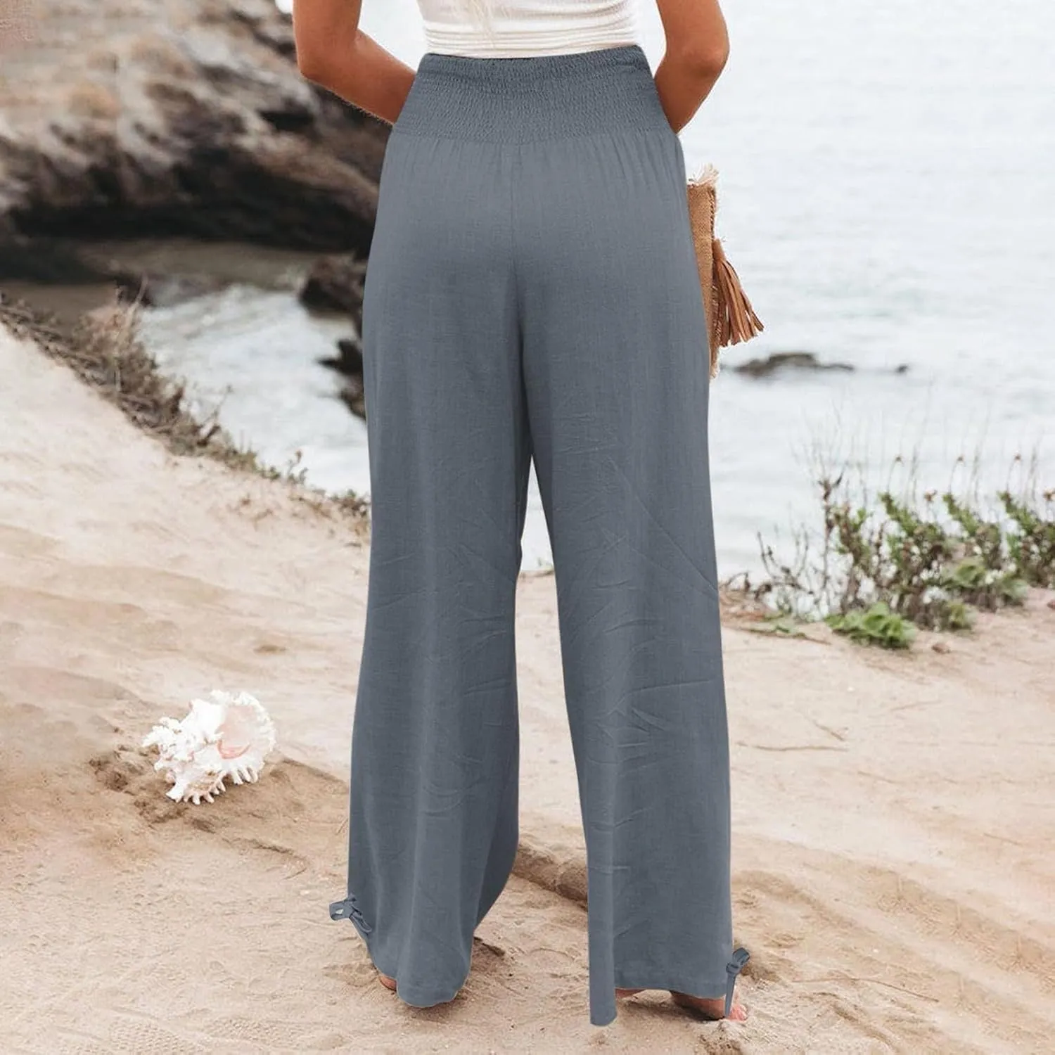 LRMQS Linen Wide Leg Pants Women Summer Casual Drawstring Elastic High Waist Trousers Resort Wear Beach Trendy Palazzo Pant