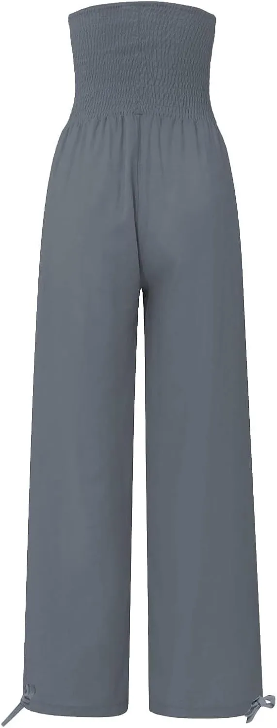 LRMQS Linen Wide Leg Pants Women Summer Casual Drawstring Elastic High Waist Trousers Resort Wear Beach Trendy Palazzo Pant