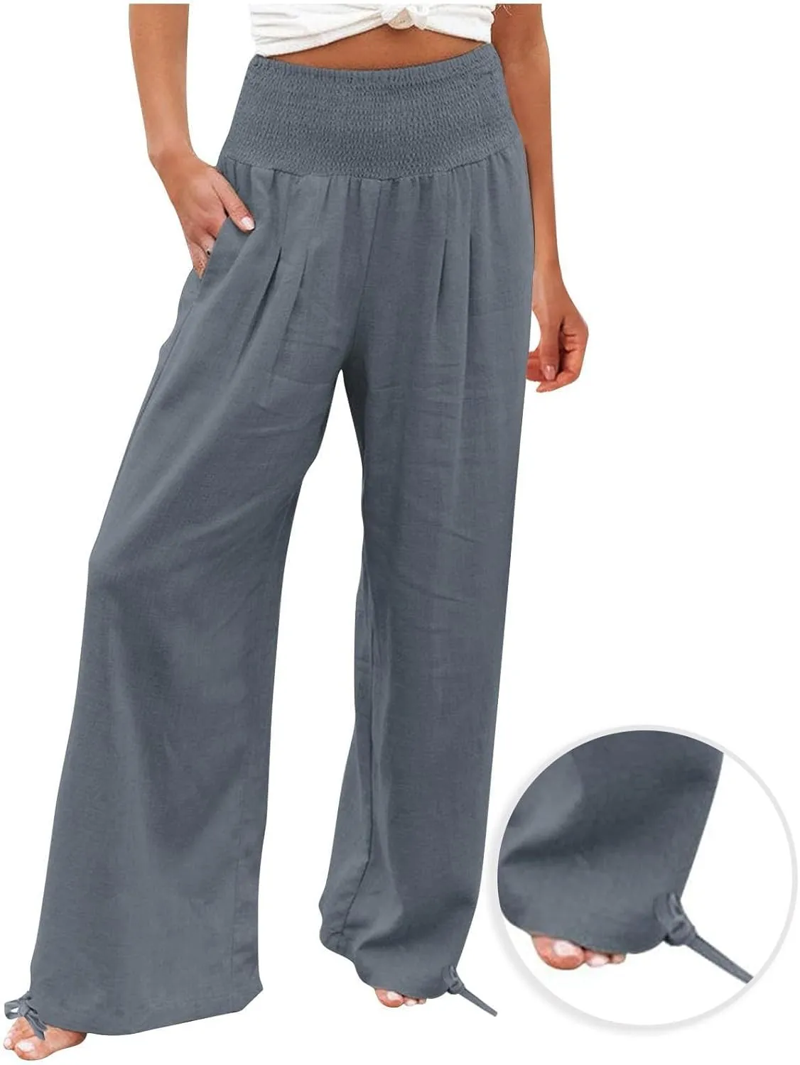 LRMQS Linen Wide Leg Pants Women Summer Casual Drawstring Elastic High Waist Trousers Resort Wear Beach Trendy Palazzo Pant