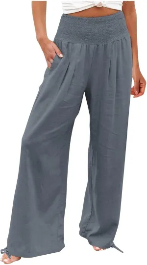 LRMQS Linen Wide Leg Pants Women Summer Casual Drawstring Elastic High Waist Trousers Resort Wear Beach Trendy Palazzo Pant