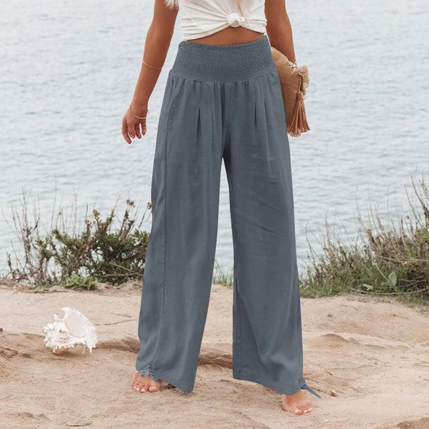 LRMQS Linen Wide Leg Pants Women Summer Casual Drawstring Elastic High Waist Trousers Resort Wear Beach Trendy Palazzo Pant