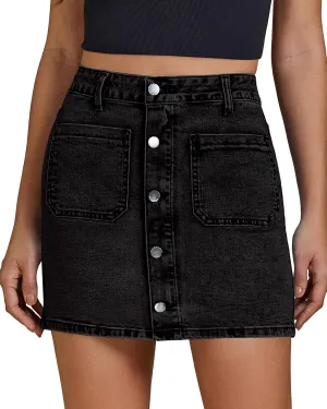 luvamia Jean Skirts for Women Denim High Waisted Trendy Stretchy Mini Button Front Short Pencil Skirt with Patch Pockets