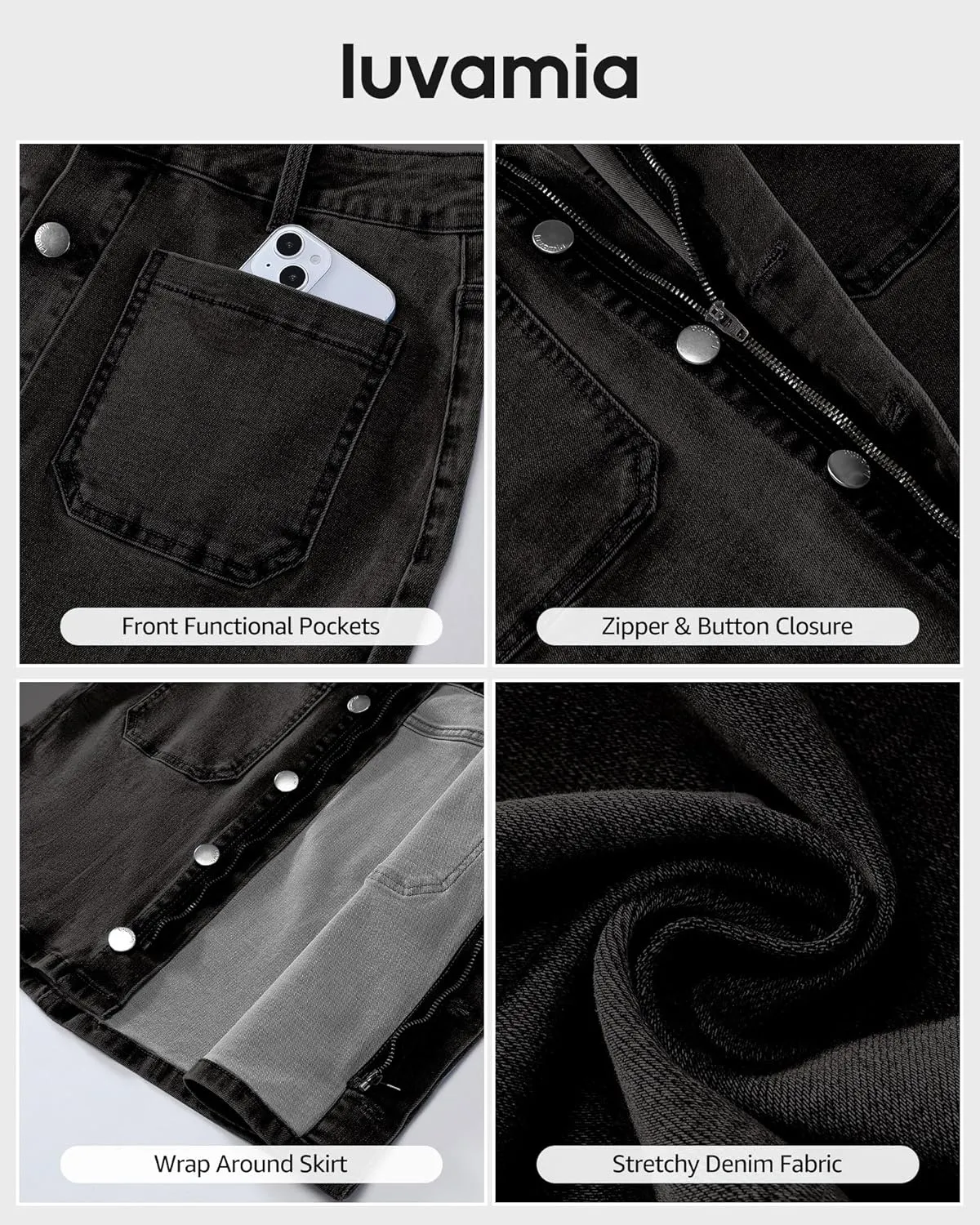 luvamia Jean Skirts for Women Denim High Waisted Trendy Stretchy Mini Button Front Short Pencil Skirt with Patch Pockets