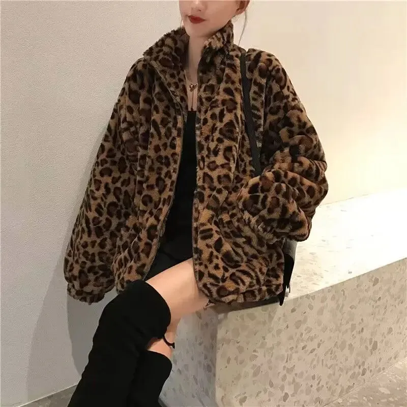 LVSANW Womens Leopard Print Short Coat Casual  Fleece Zipper Jacket Autumn Winter