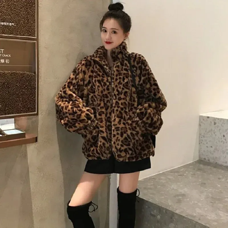 LVSANW Womens Leopard Print Short Coat Casual  Fleece Zipper Jacket Autumn Winter