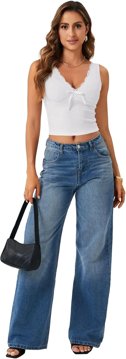 LYANER Women's Rib Knit Lace Trim V Neck Sleeveless Trendy Cropped Cami Tank Top