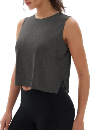 MAGCOMSEN Women's Crop Tank Tops Workout Sleeveless Shirts Loose Fit Gym Yoga Top with Side Slits