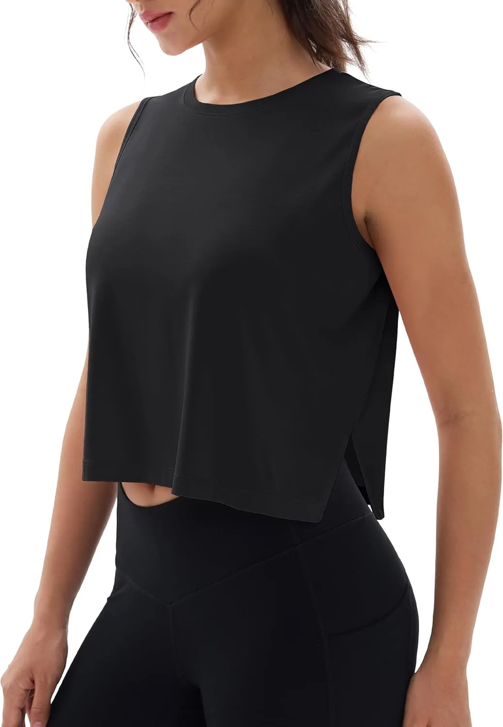 MAGCOMSEN Women's Crop Tank Tops Workout Sleeveless Shirts Loose Fit Gym Yoga Top with Side Slits