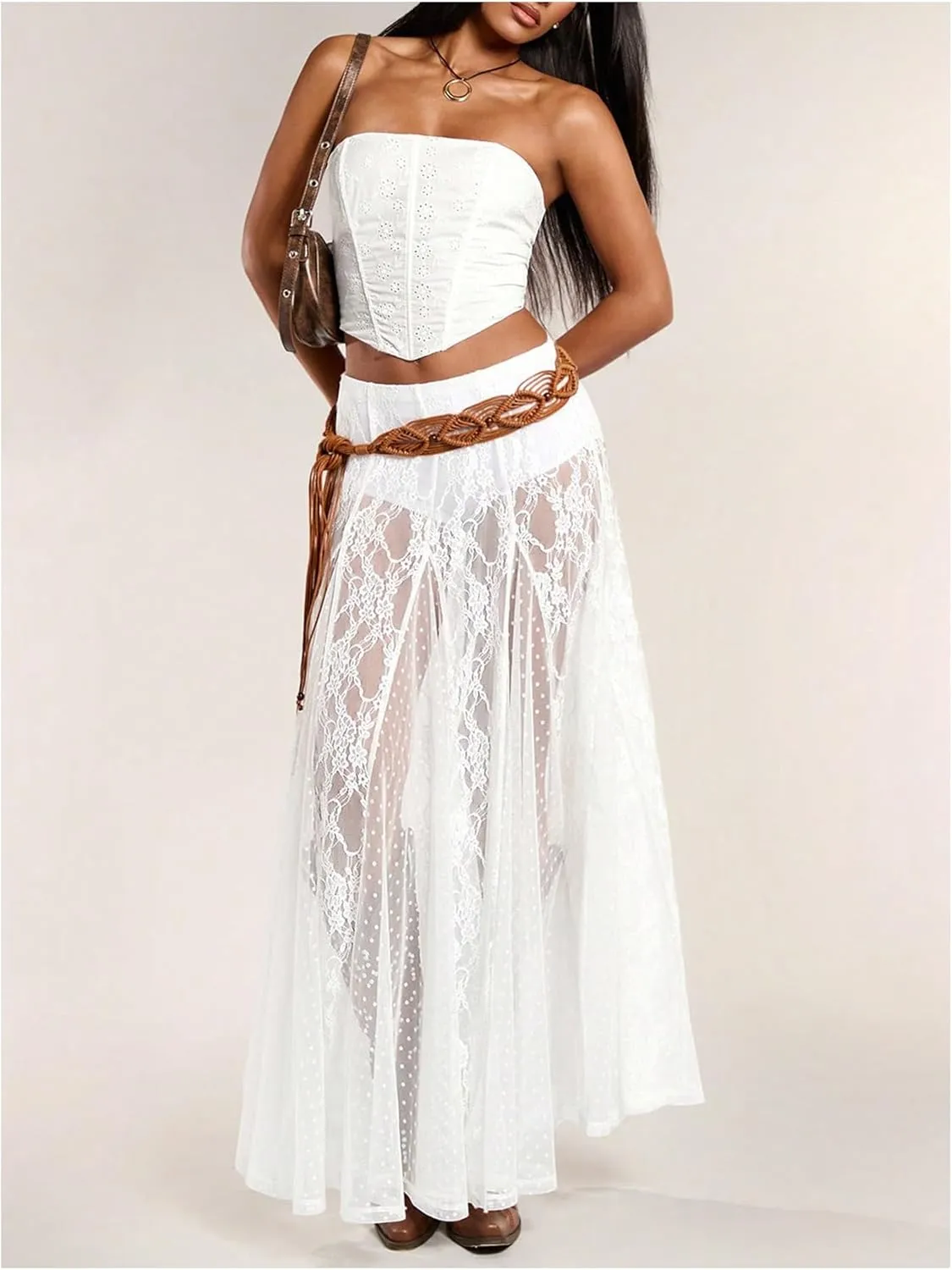 MakeMeChic Women's Floral Lace Sheer Split Thigh A Line Ruffle Summer Maxi Skirts