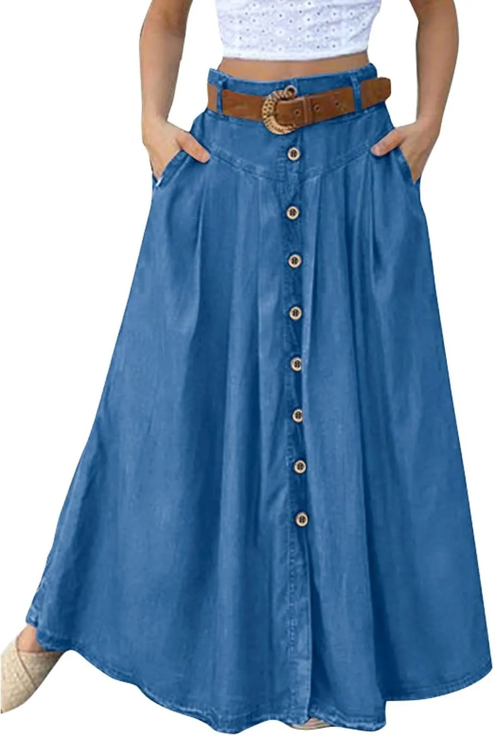 Maxi Skirts for Women 2025 Vintage Flared Pleated Flowy Skirt Button Front High Waisted Long Skirts with Pockets 