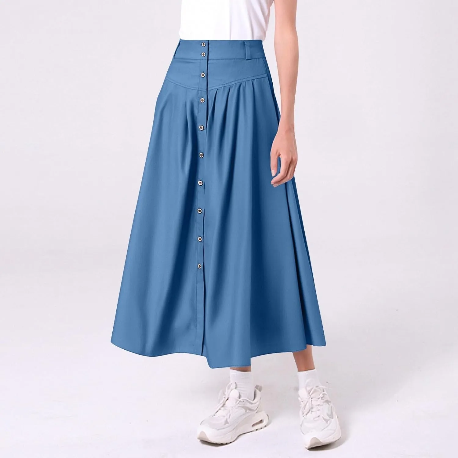Maxi Skirts for Women 2025 Vintage Flared Pleated Flowy Skirt Button Front High Waisted Long Skirts with Pockets 