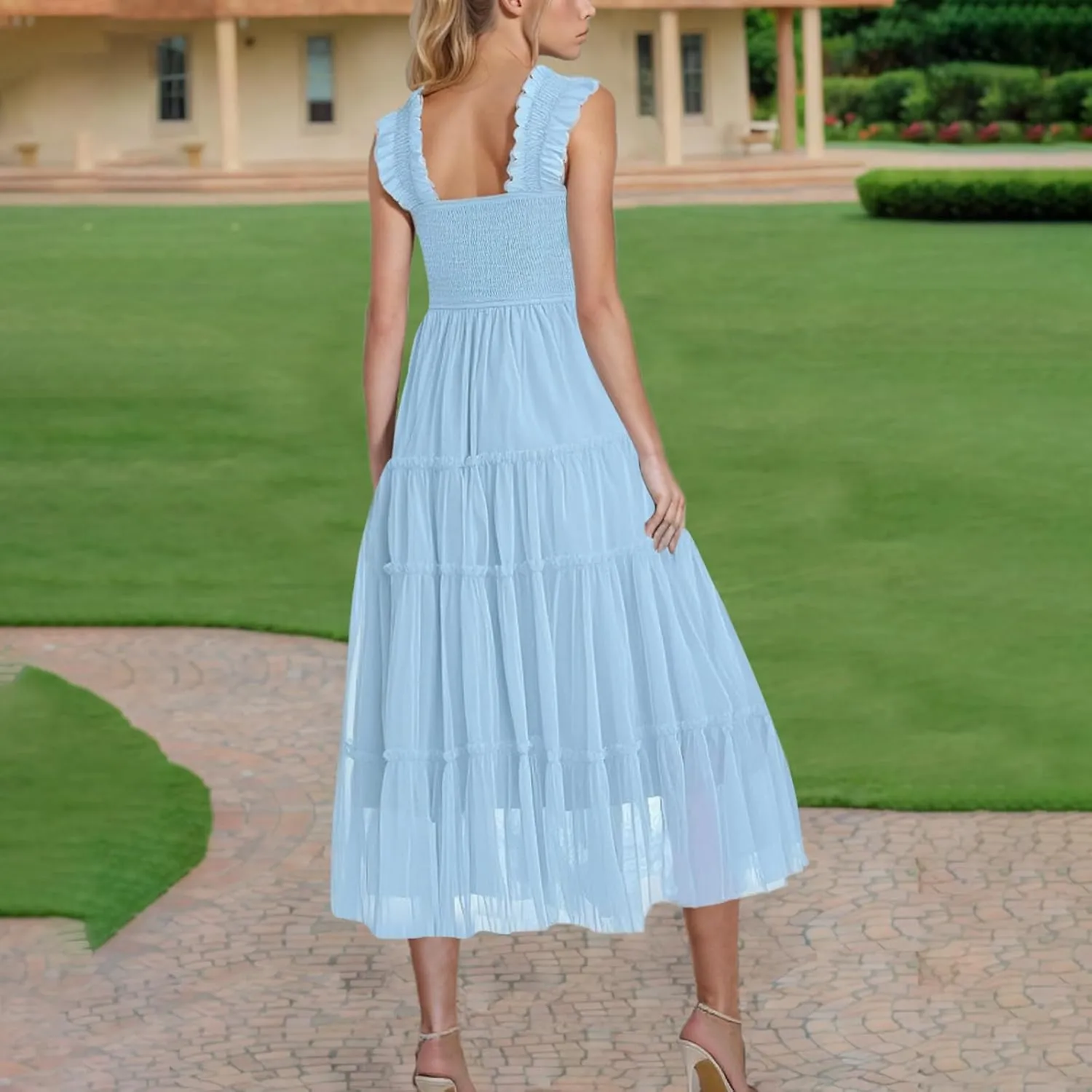 Maxi Tulle Sundress for Women Sleeveless Smocked Tiered Boho Dresses High Waisted Ruffle Strap Flowy Long Dress