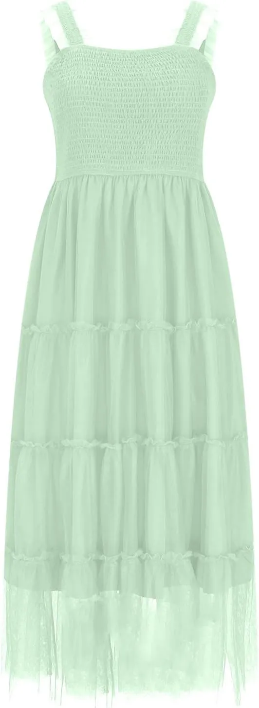 Maxi Tulle Sundress for Women Sleeveless Smocked Tiered Boho Dresses High Waisted Ruffle Strap Flowy Long Dress