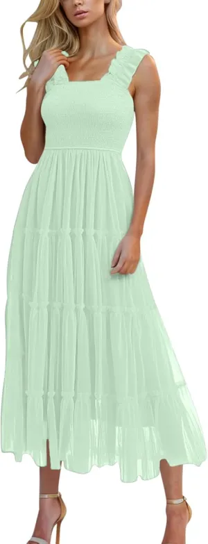 Maxi Tulle Sundress for Women Sleeveless Smocked Tiered Boho Dresses High Waisted Ruffle Strap Flowy Long Dress