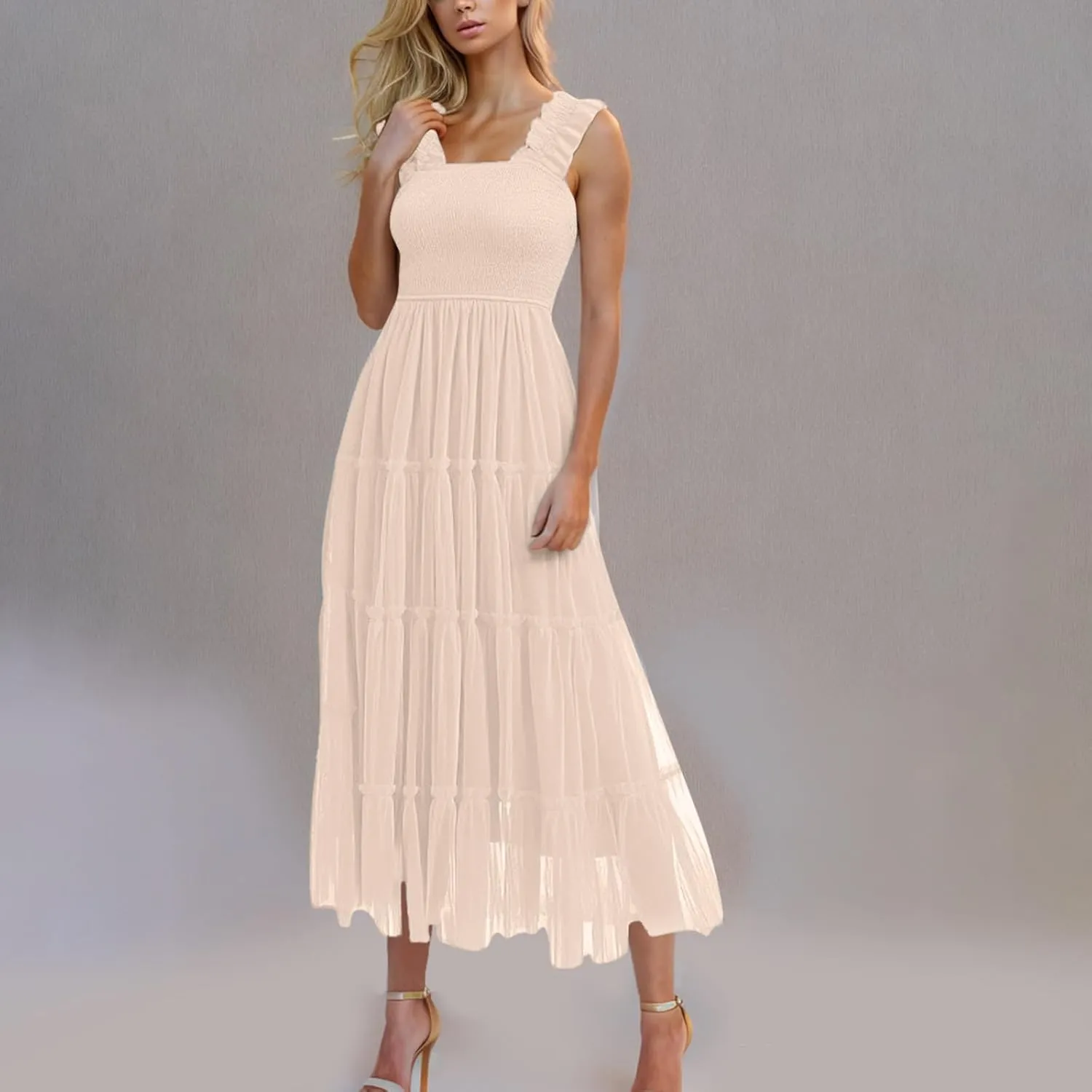 Maxi Tulle Sundress for Women Sleeveless Smocked Tiered Boho Dresses High Waisted Ruffle Strap Flowy Long Dress