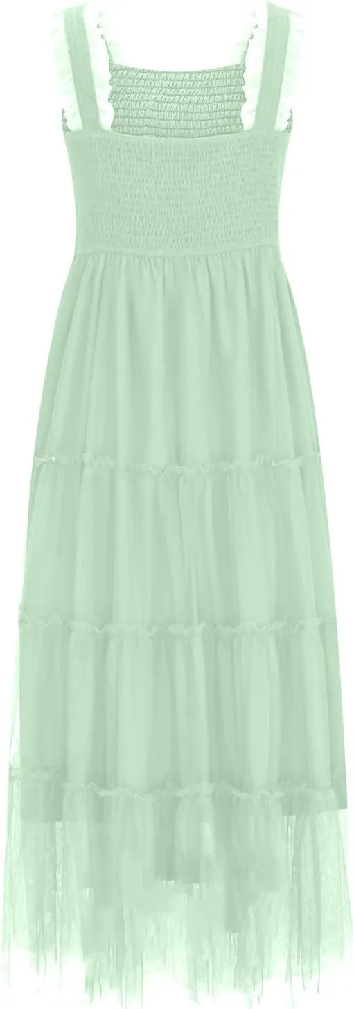 Maxi Tulle Sundress for Women Sleeveless Smocked Tiered Boho Dresses High Waisted Ruffle Strap Flowy Long Dress