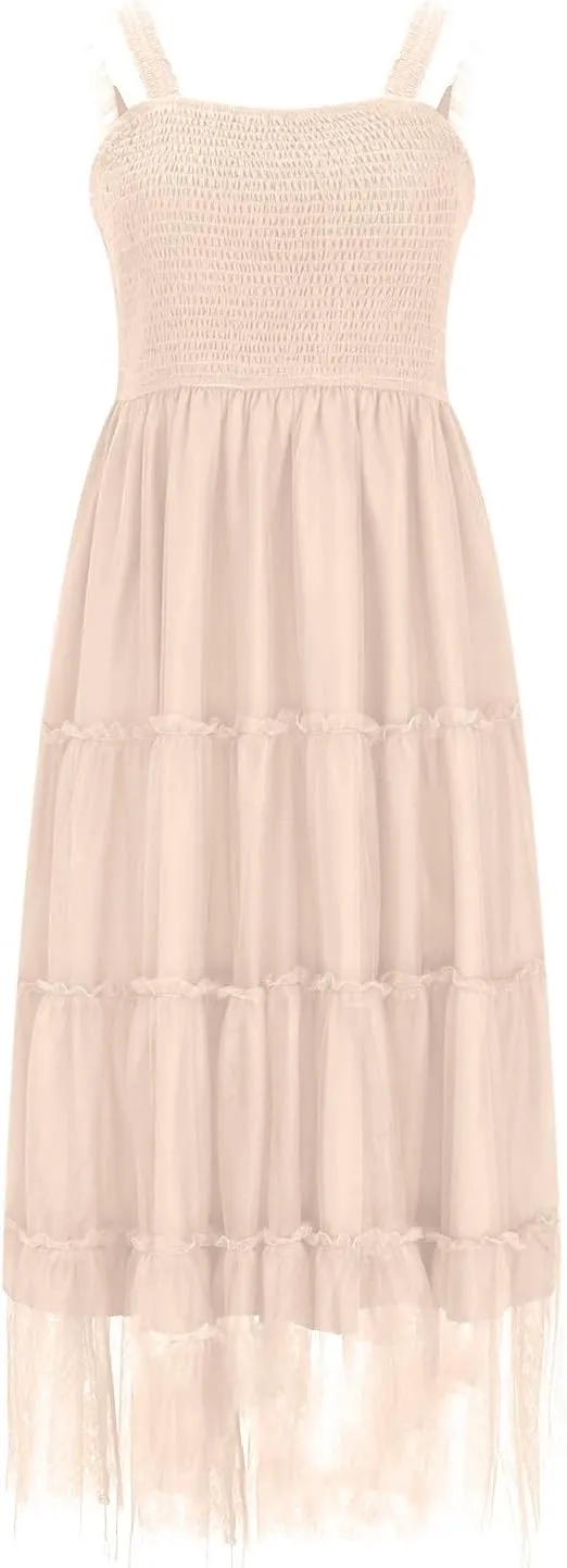 Maxi Tulle Sundress for Women Sleeveless Smocked Tiered Boho Dresses High Waisted Ruffle Strap Flowy Long Dress