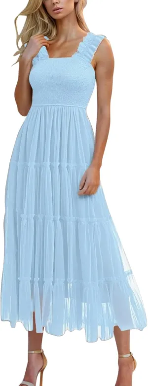 Maxi Tulle Sundress for Women Sleeveless Smocked Tiered Boho Dresses High Waisted Ruffle Strap Flowy Long Dress