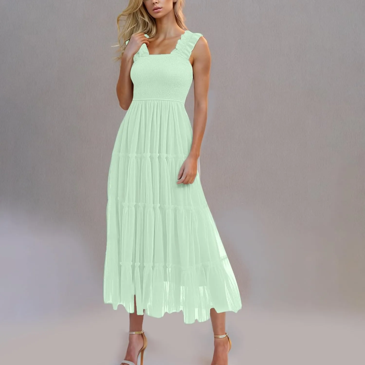 Maxi Tulle Sundress for Women Sleeveless Smocked Tiered Boho Dresses High Waisted Ruffle Strap Flowy Long Dress