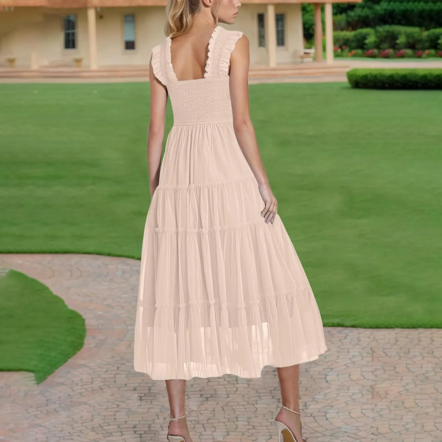 Maxi Tulle Sundress for Women Sleeveless Smocked Tiered Boho Dresses High Waisted Ruffle Strap Flowy Long Dress