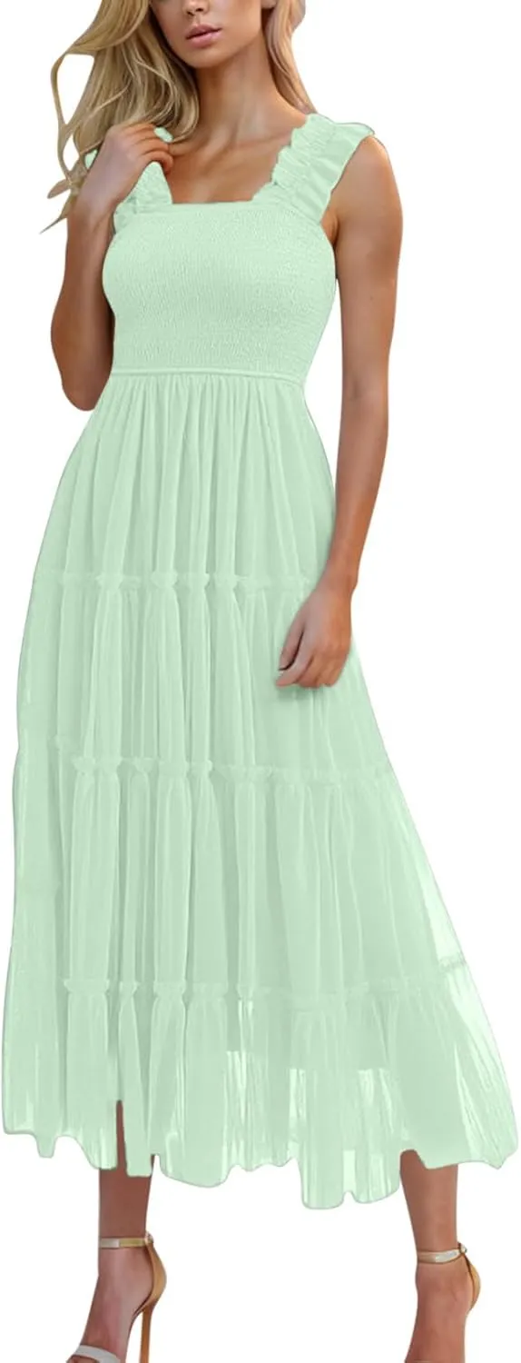 Maxi Tulle Sundress for Women Sleeveless Smocked Tiered Boho Dresses High Waisted Ruffle Strap Flowy Long Dress