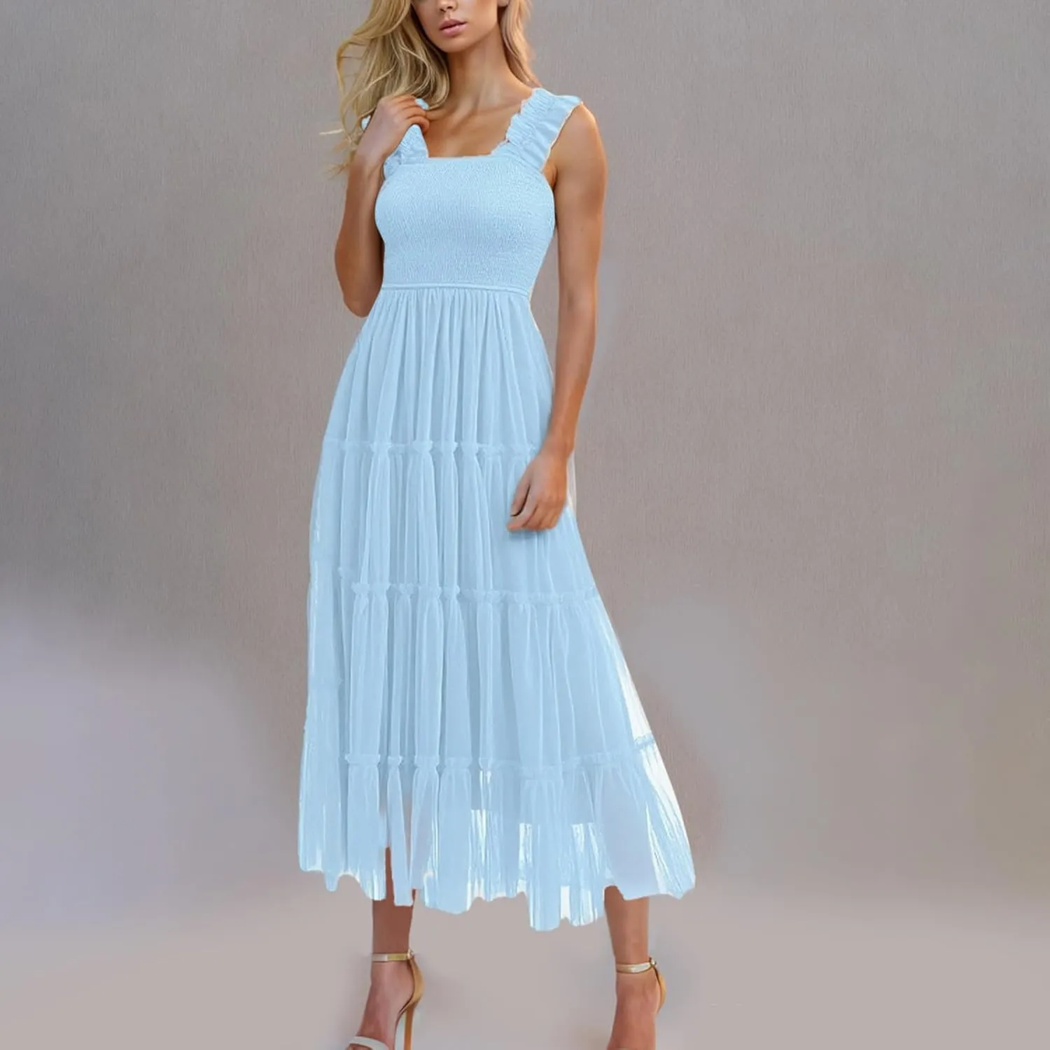 Maxi Tulle Sundress for Women Sleeveless Smocked Tiered Boho Dresses High Waisted Ruffle Strap Flowy Long Dress