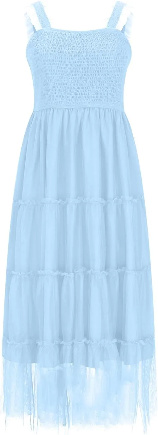 Maxi Tulle Sundress for Women Sleeveless Smocked Tiered Boho Dresses High Waisted Ruffle Strap Flowy Long Dress