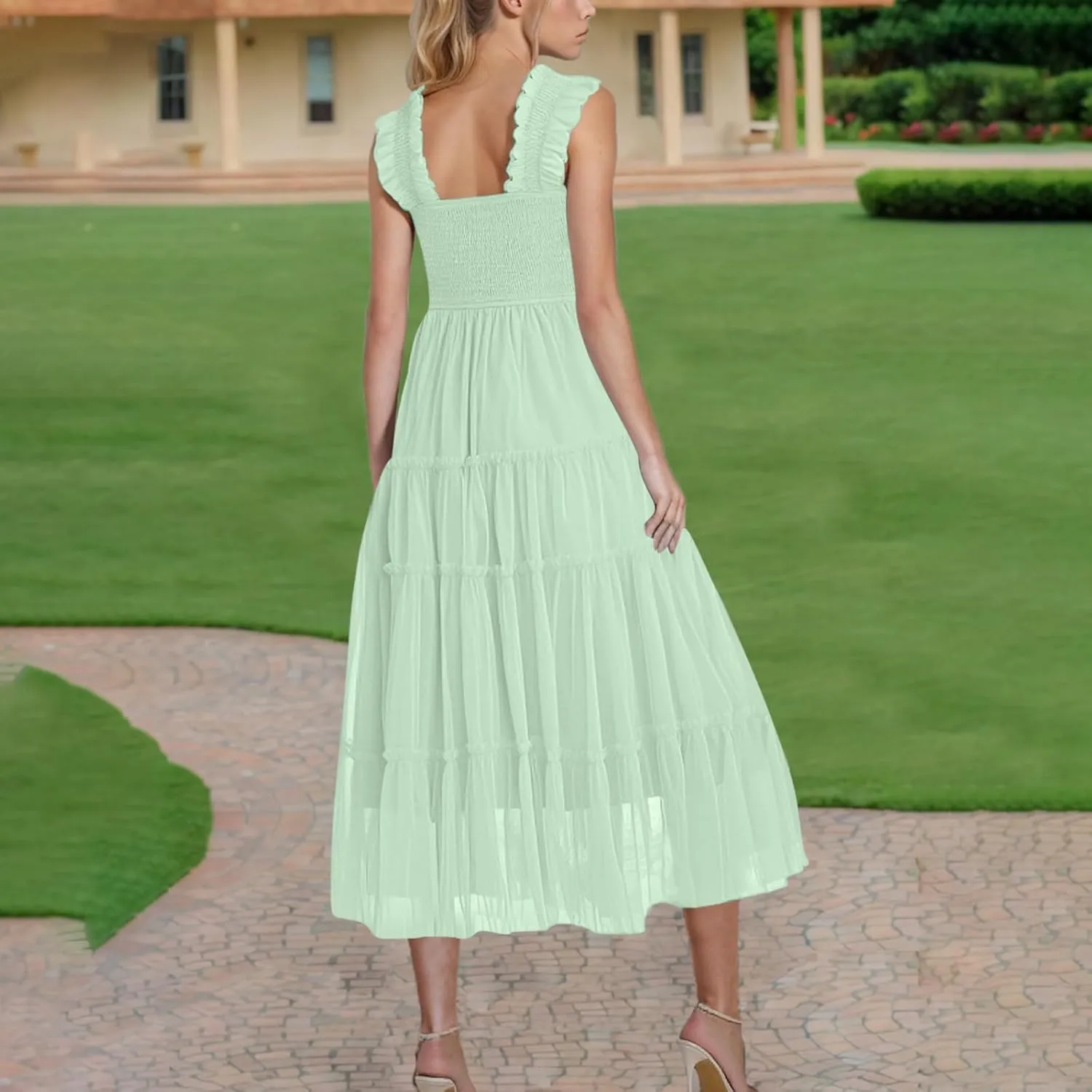 Maxi Tulle Sundress for Women Sleeveless Smocked Tiered Boho Dresses High Waisted Ruffle Strap Flowy Long Dress