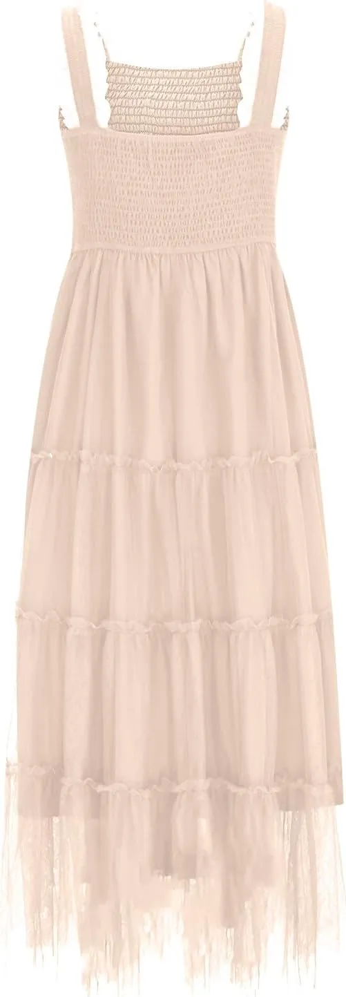 Maxi Tulle Sundress for Women Sleeveless Smocked Tiered Boho Dresses High Waisted Ruffle Strap Flowy Long Dress