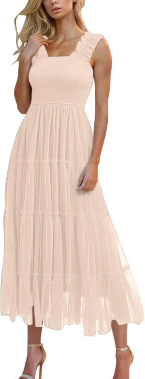Maxi Tulle Sundress for Women Sleeveless Smocked Tiered Boho Dresses High Waisted Ruffle Strap Flowy Long Dress