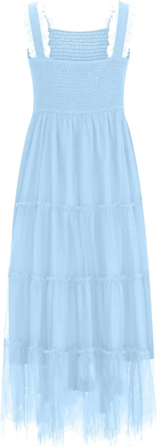 Maxi Tulle Sundress for Women Sleeveless Smocked Tiered Boho Dresses High Waisted Ruffle Strap Flowy Long Dress