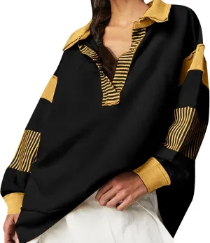 MCILLO Womens Oversized Sweatshirt Lapel Collared V Neck Shirts Pullover Color Block Striped Long Sleeve Tops