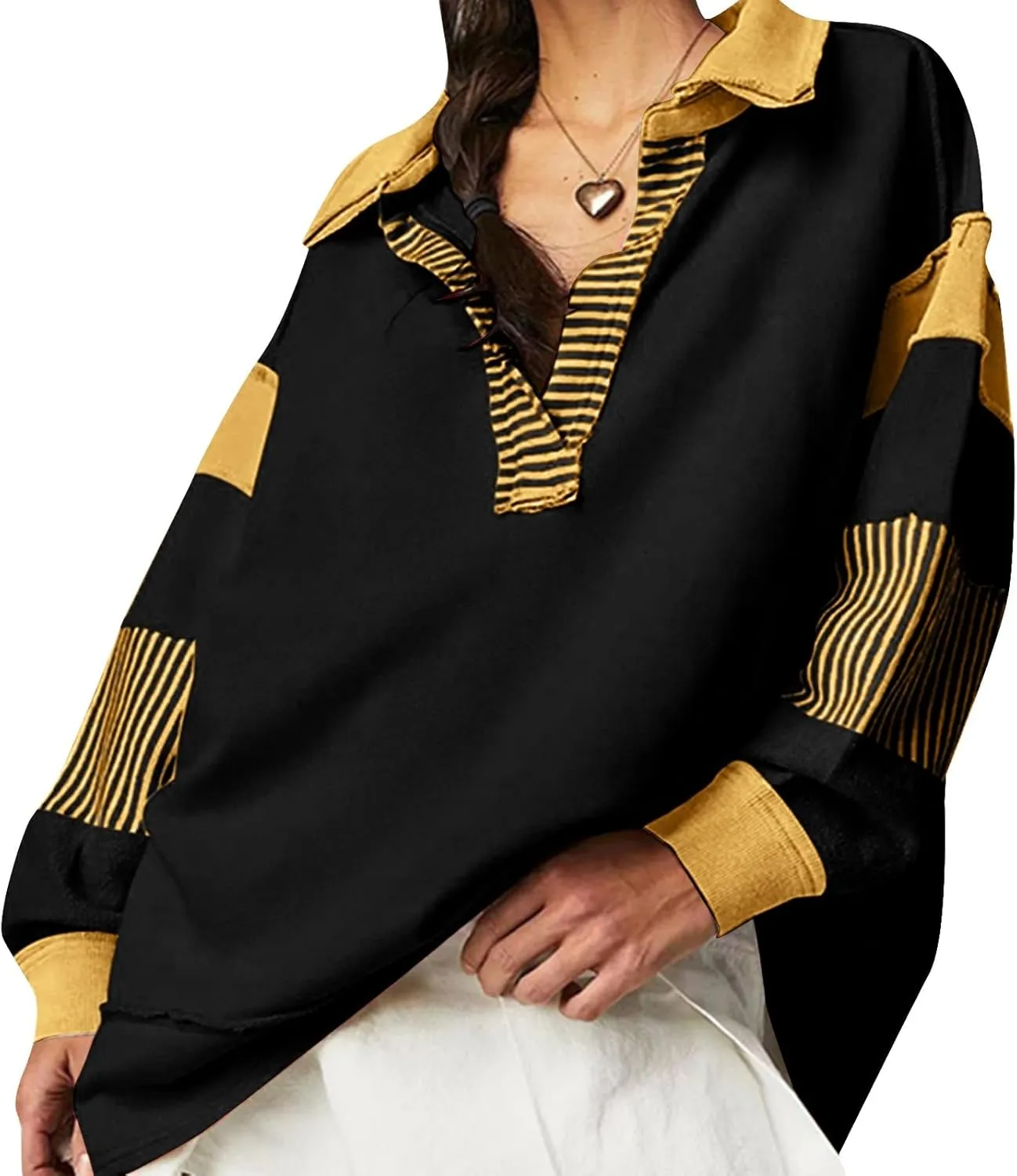 MCILLO Womens Oversized Sweatshirt Lapel Collared V Neck Shirts Pullover Color Block Striped Long Sleeve Tops