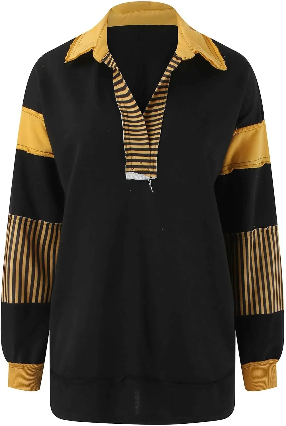MCILLO Womens Oversized Sweatshirt Lapel Collared V Neck Shirts Pullover Color Block Striped Long Sleeve Tops