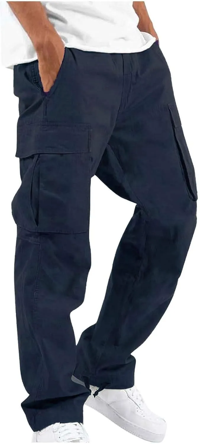 Mens Cargo Sweatpants Drawstring Waist Loose Fit Work Cargo Pants Casual Lightweight Straight Leg Pants with Pockets