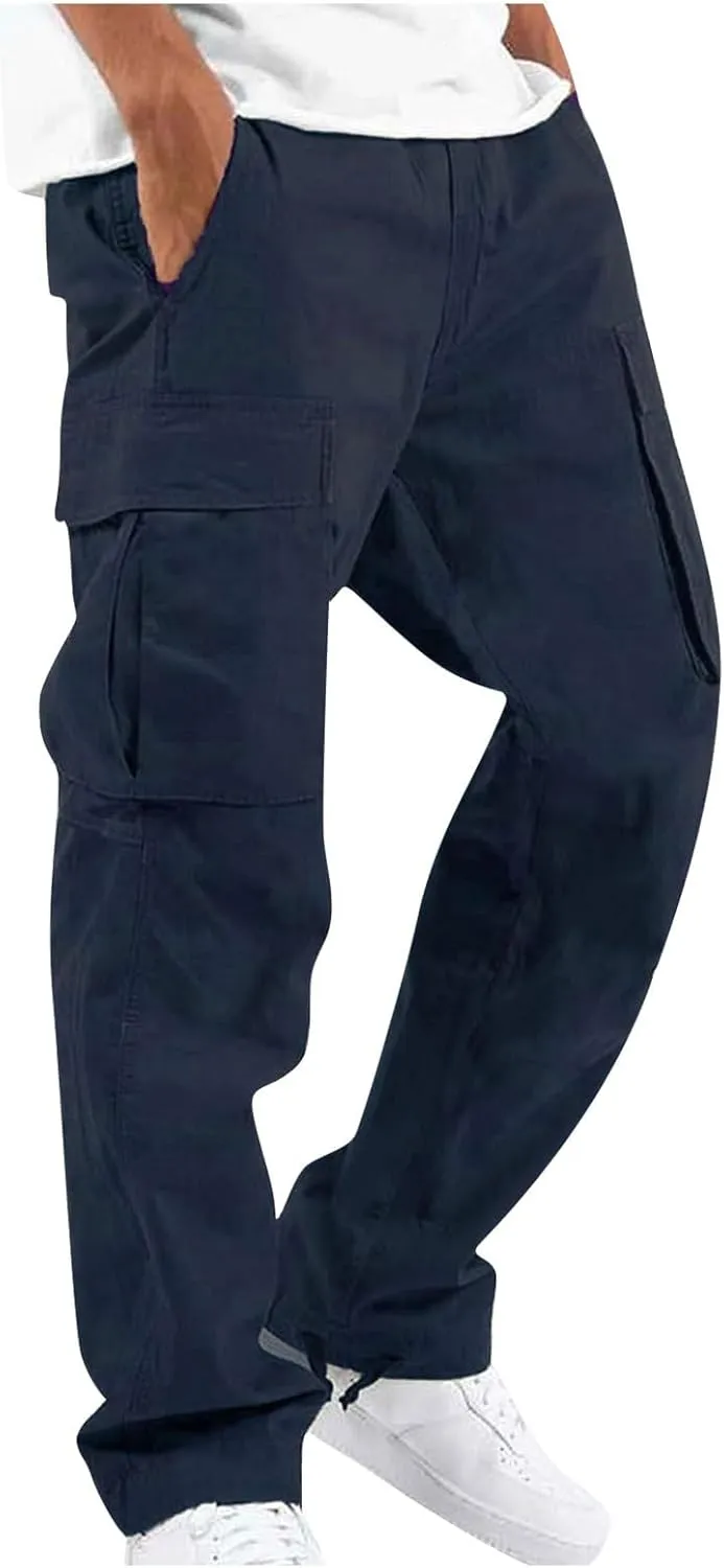 Mens Cargo Sweatpants Drawstring Waist Loose Fit Work Cargo Pants Casual Lightweight Straight Leg Pants with Pockets