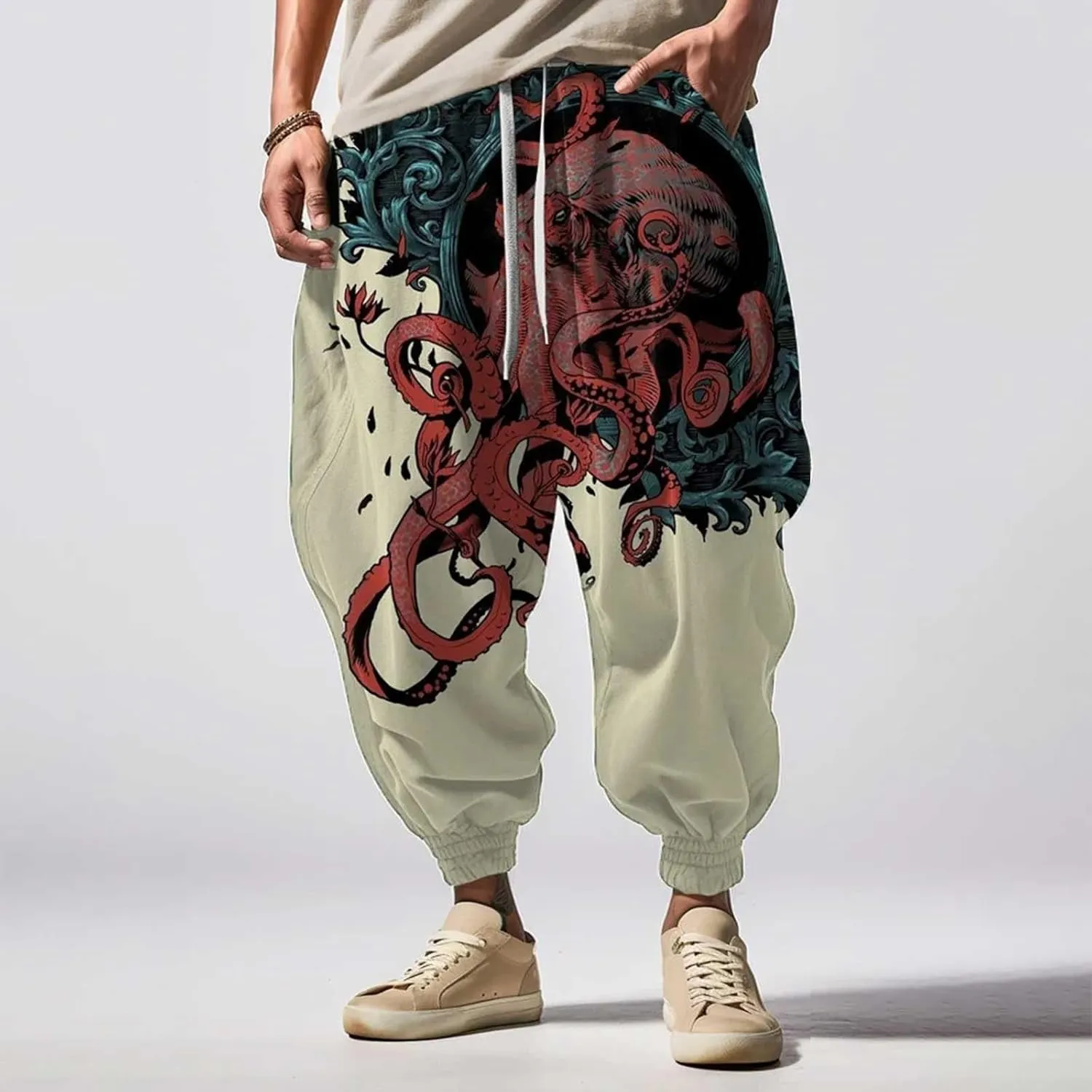 Mens Casual Harem Pants Fashion Street Feel Casual Sweatpants Mens Japanese Art Graphic Printed Casual Pants Linen