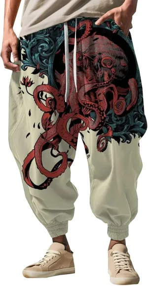 Mens Casual Harem Pants Fashion Street Feel Casual Sweatpants Mens Japanese Art Graphic Printed Casual Pants Linen