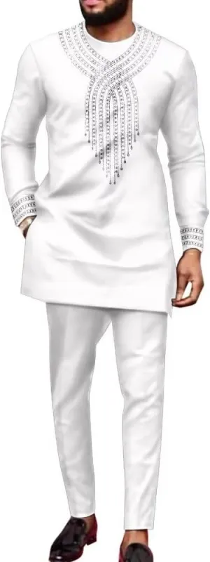 Mens Clothing 2 Piece African Suits for Wedding - Print Dashiki Shirts and Pant Long Sleeve Attires