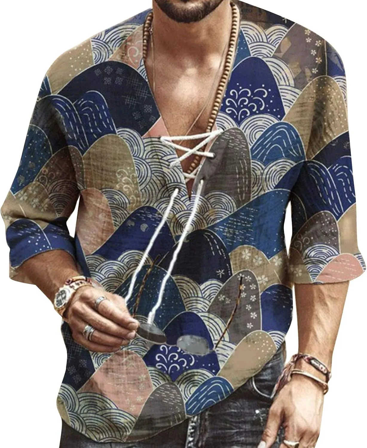 Men's Fashion Shirt Short Sleeve Beach V-Neck Drawstring Printing Yoga African Summer Top