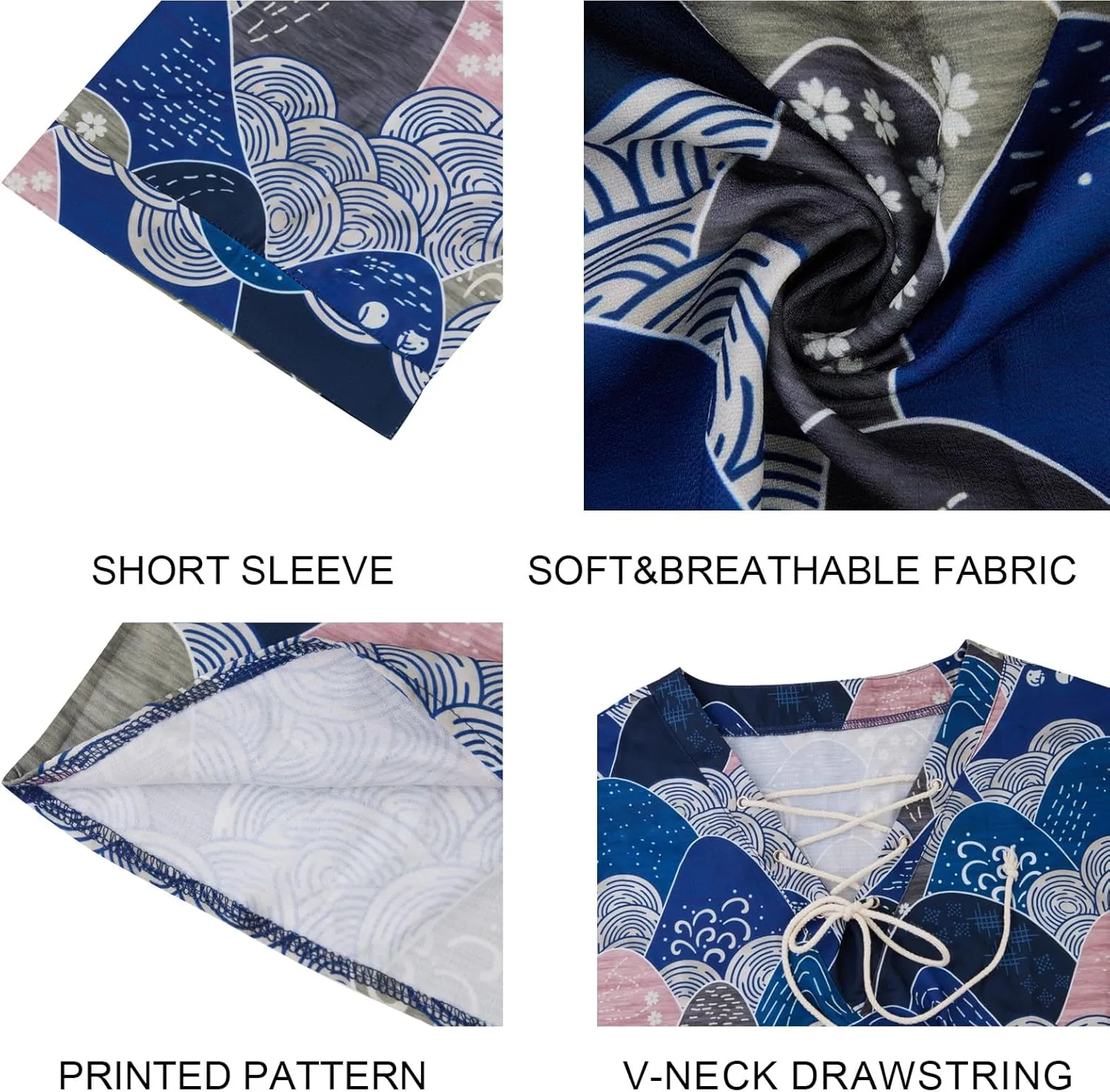 Men's Fashion Shirt Short Sleeve Beach V-Neck Drawstring Printing Yoga African Summer Top
