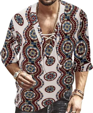 Men's Fashion Shirt Short Sleeve Beach V-Neck Drawstring Printing Yoga African Summer Top