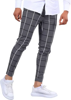 Mens Golf Pants Slim Fit Plaid Skinny Long Pants Casual Fashion Stretch Cotton Chino Pants with Pockets