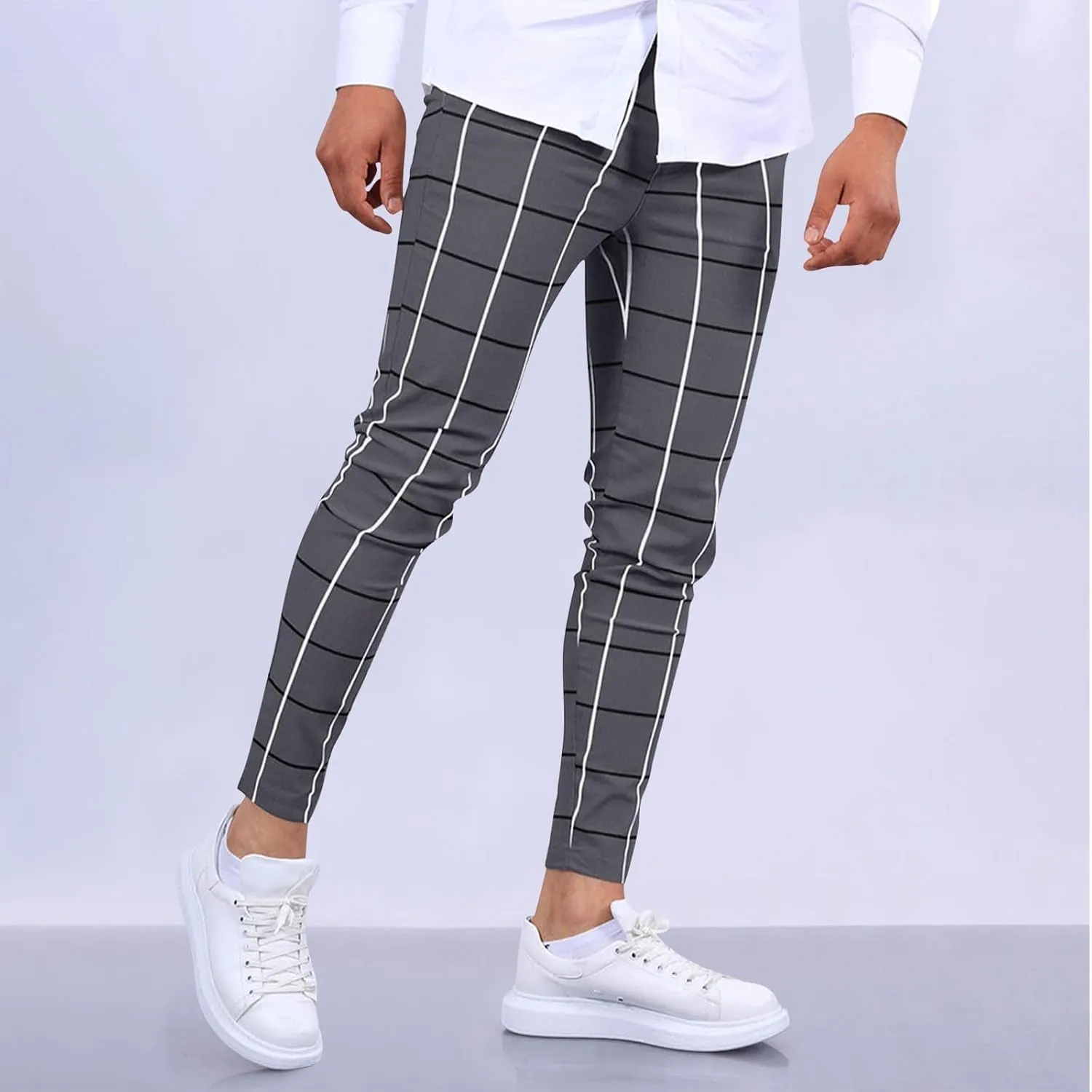 Mens Golf Pants Slim Fit Plaid Skinny Long Pants Casual Fashion Stretch Cotton Chino Pants with Pockets