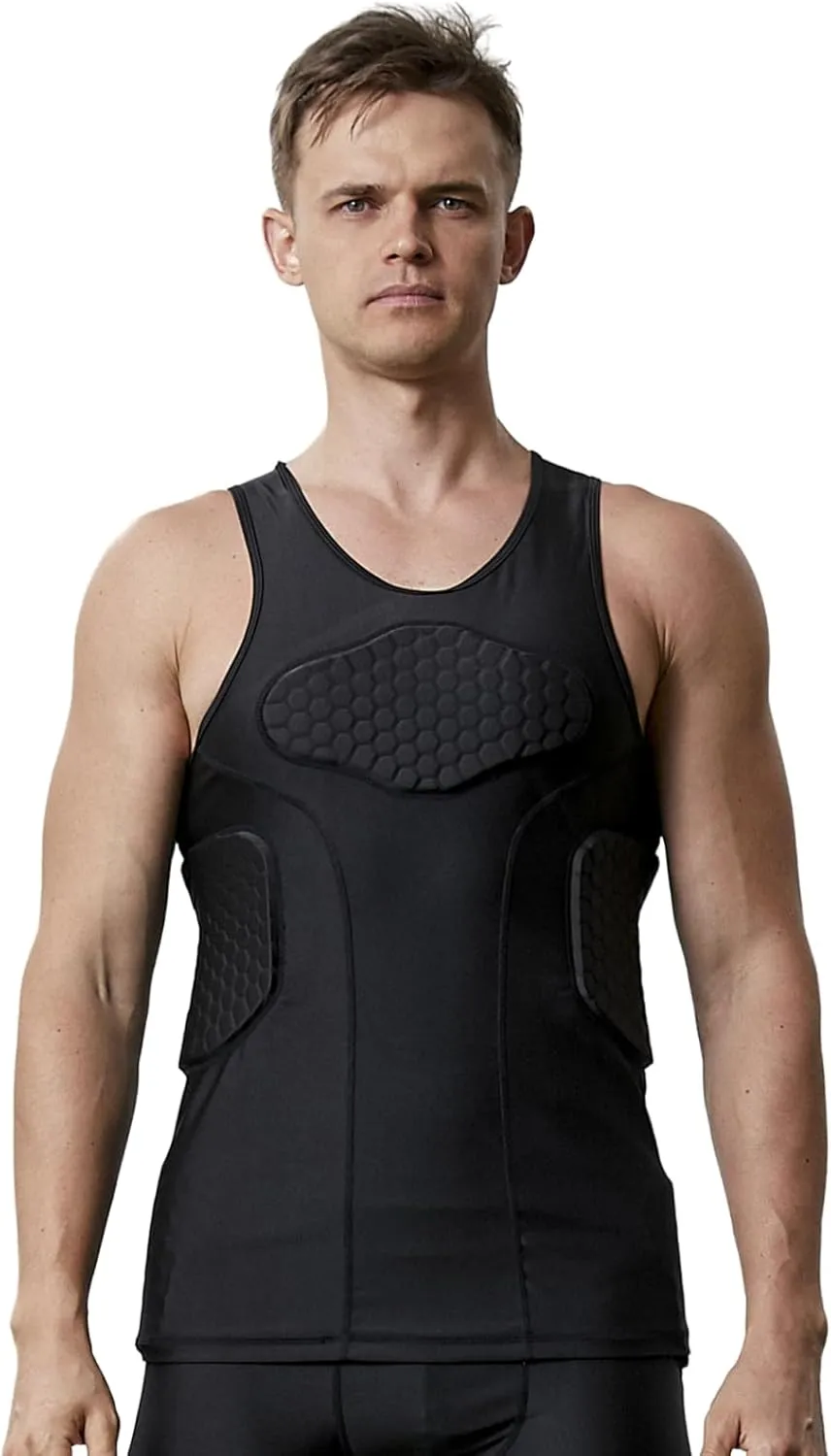Mens Padded Football Shirt Rib Protectors Compression Shirts with Pads Basketball Protective Gear Rugby Tank Top