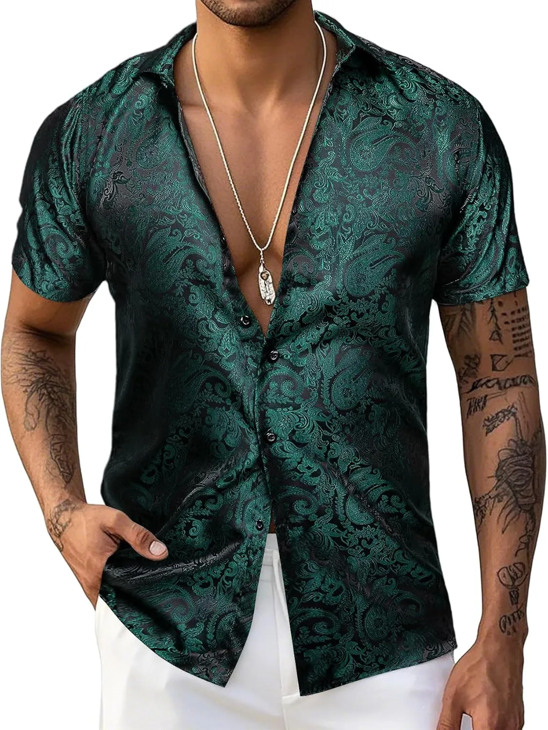 Men's Silk Shirt Paisley Floral Jacquard Short Sleeve Button Down Dress Shirts Formal Casual Wedding Party