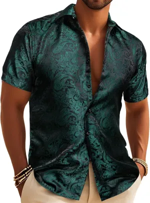 Men's Silk Shirt Paisley Floral Jacquard Short Sleeve Button Down Dress Shirts Formal Casual Wedding Party